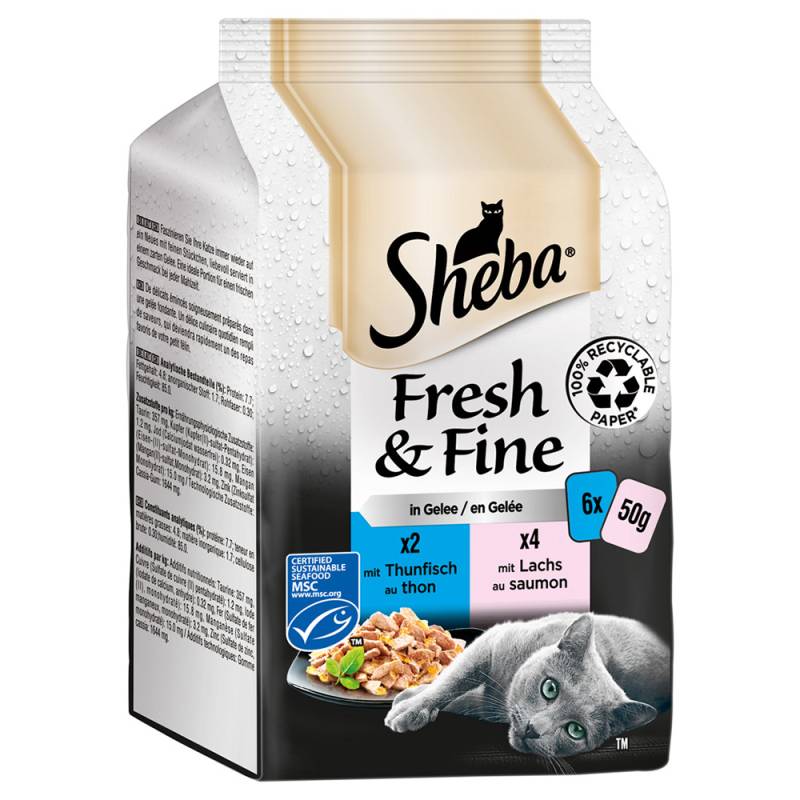 Megapack Sheba Fresh & Fine Frischebeutel 12 x 50 g - Thunfisch & Lachs in Gelee von Sheba