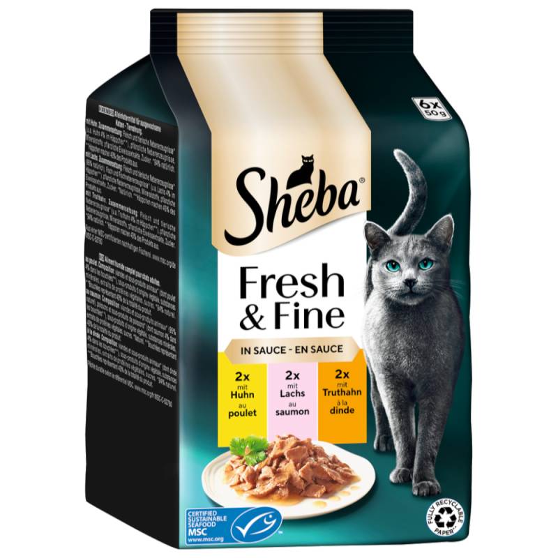 Multipack Sheba Fresh & Fine Frischebeutel 6 x 50 g - Huhn, Lachs & Truthahn in Sauce von Sheba