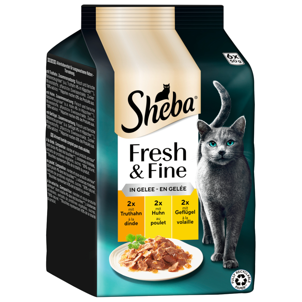 Multipack Sheba Fresh & Fine Frischebeutel 6 x 50 g - Truthahn, Huhn & Geflügel in Gelee von Sheba