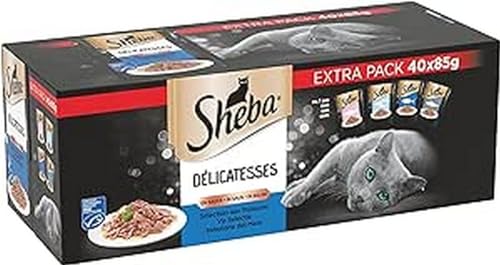 SHEBA Délicatesses Frischebeutel in Sauce, Auswahl an Fisch für Erwachsene Katzen, 40 x 85 g von Sheba