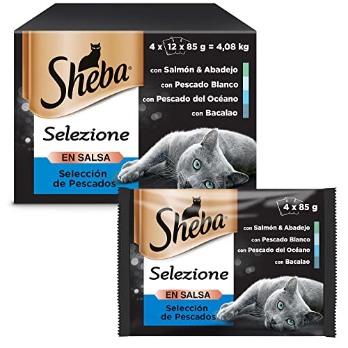 SHEBA Katzenfutter in Sauce – (4 Packungen mit je 12 x 85 g) Weißfisch/Meeresfische/Kabeljau/Lachs – Komplettnahrung – nachhaltiges Angeln MSC [Verpackung kann variieren] von Sheba