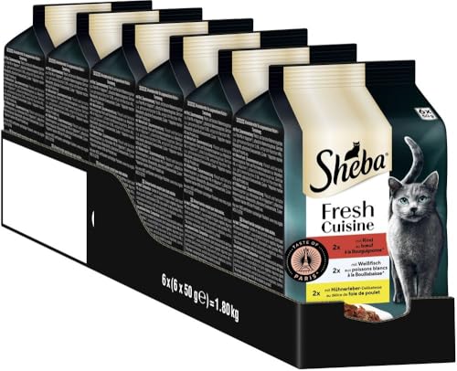 SHEBA Portionsbeutel Katzennassfutter Multipack Fresh Cuisine Taste of Paris mit Rind und Weißfisch MSC, 6x6x50g - Gourmet-Katzenfutter mit Rind und Weißfisch von Sheba