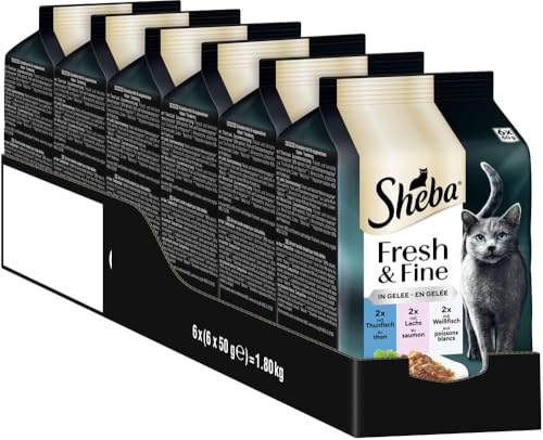 SHEBA Portionsbeutel Katzennassfutter Multipack Fresh & Fine in Gelee mit Thunfisch und Lachs MSC, 6x6x50g - Gesunde Mahlzeiten für Katzen mit Gelee von Sheba