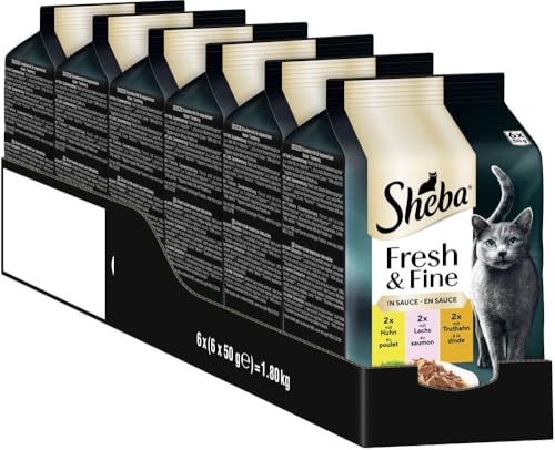 SHEBA Portionsbeutel Katzennassfutter Multipack Fresh & Fine in Sauce mit Huhn und Lachs MSC, 6x6x50g - Exquisite Mahlzeiten für Katzen in Sauce von Sheba