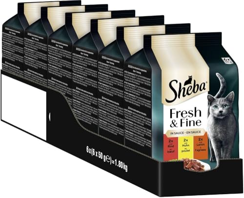 SHEBA Portionsbeutel Katzennassfutter Multipack Fresh & Fine in Sauce mit Rind und Huhn, 6x6x50g - Premium-Katzenfutter in Sauce, ideal für Ihre Katze von Sheba