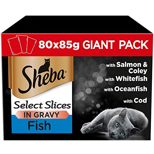 Sheba 80 x 85 g Futterbeutel für ausgewachsene Katzen, ausgewählte Scheiben, Fischsammlung, in Soße von Sheba