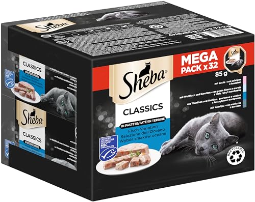 Sheba Classics in Pastete- Feinstes Katzennassfutter in der Schale - Fisch Variation (MSC) mit Lachs, Weißfisch, Thunfisch und Kabeljau - 32 x 85g von Sheba