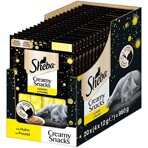 Sheba Creamy Snacks – Cremiges Katzen-Leckerli mit Huhn – Praktische Sticks zum aus der Hand Schlecken – 80 x 12g Katzenleckerchen von Sheba