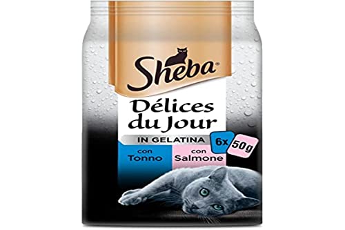 Sheba Délice Du Jour Nassfutter für Katzen, Thunfisch und Lachs in Gelee, 12 Packungen mit je 6 Beuteln x 50 g, insgesamt 3600 g von Sheba