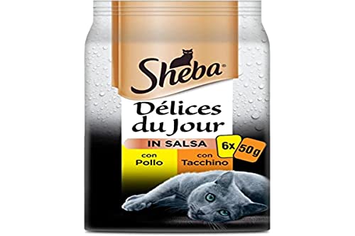 Sheba Délice Du Jour Nassfutter für Katzen mit Huhn und Truthahn in Sauce, 12 Packungen mit je 6 Beuteln x 50 g, insgesamt 3600 g von Sheba