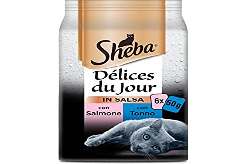 Sheba Délice Du Jour Nassfutter für Katzen mit Lachs und Thunfisch in Sauce, 12 Packungen mit je 6 Beuteln x 50 g, insgesamt 3600 g von Sheba