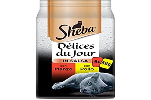 Sheba Délice Du Jour Nassfutter für Katzen mit Rindfleisch und Hühnchen in Sauce, 12 Packungen mit je 6 Beuteln x 50 g, insgesamt 3600 g von Sheba