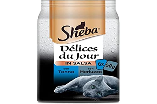 Sheba Délice Du Jour Nassfutter für Katzen mit Thunfisch und Kabeljau in Sauce, 12 Packungen mit je 6 Beuteln x 50 g, insgesamt 3600 g von Sheba