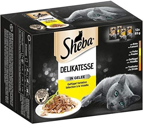 Sheba Delikatesse in Gelee, 48 Portionsbeutel, 12x85g (4er Pack) – Katzenfutter nass, Geflügel Variation mit Ente, Huhn, Geflügel und Truthahn von Sheba