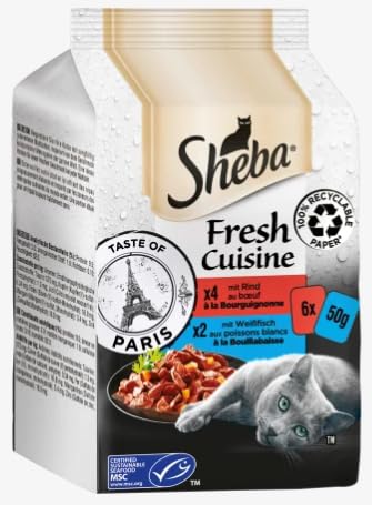 Sheba Fresh Cuisine, Taste of Paris – komplettes Nassfutter für ausgewachsene Katzen im Beutel (Rind, Weißfisch) 12 x (6x50g) von Sheba