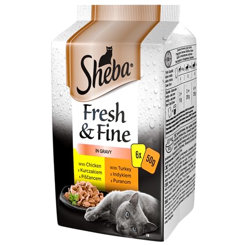 Sheba Fresh Fine Sachet – Nassfutter für Katzen in Sauce mit Huhn und Truthahn 36 Portionsbeutel 6 x (6 x 50 g) von Sheba