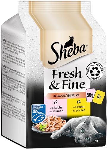 Sheba Fresh & Fine in Sauce - Hochwertiges Katzen Nassfutter - Huhn und Lachs (MSC) - Für die tägliche Abwechslung im extra kleinen Portionsbeutel - 36 x 50g von Sheba