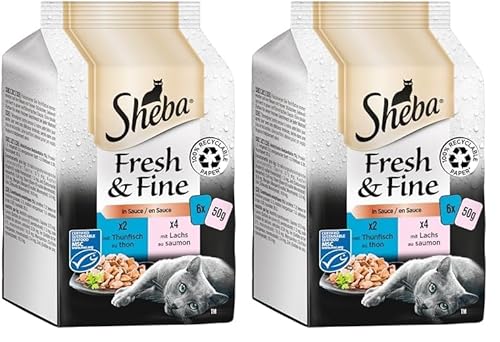 Sheba Fresh & Fine in Sauce - Hochwertiges Katzen Nassfutter - Lachs und Thunfisch (MSC) - Für die tägliche Abwechslung im extra kleinen Portionsbeutel - 36 x 50g (Packung mit 2) von Sheba