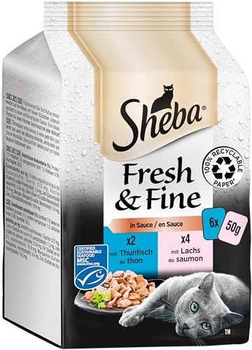 Sheba Fresh & Fine in Sauce - Hochwertiges Katzen Nassfutter - Lachs und Thunfisch (MSC) - Für die tägliche Abwechslung im extra kleinen Portionsbeutel - 36 x 50g von Sheba