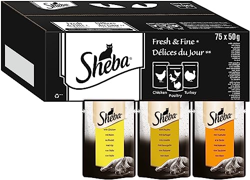 Sheba Fresh & Fine in Sauce - Hochwertiges Katzen Nassfutter - Portionsbeutel Multipack mit Huhn, Geflügel und Truthahn, 75 x 50g von Sheba