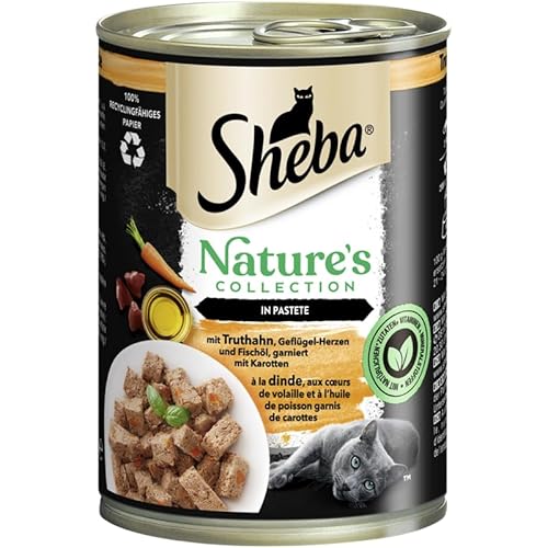 Sheba Katzenfutter Nassfutter Nature's Collection in Pastete mit Truthahn Geflügel-Herzen und Fischöl, garniert mit Karotten Feine Vielfalt 12 Dosen (12 x 400g) von Sheba