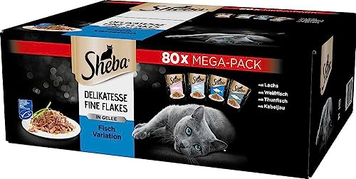 Sheba Katzennassfutter Delikatesse Fine Flakes, 80x85g Schalen, Mega Pack – Katzenfutter nass, Fischauswahl in Gelee mit Lachs, Weissfisch, Thunfisch und Kabeljau für ausgewachsene Katzen von Sheba