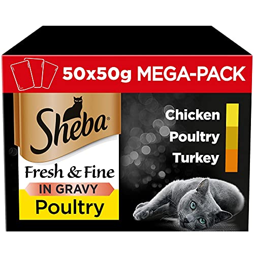 SHEBA Fresh & Fine Multipack Portionsbeutel 3 Varietäten Huhn, Geflügel, Truthahn in Sauce 50x50g von Sheba