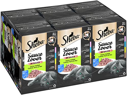 Sheba Katzennassfutter Sauce Lover Feine Vielfalt, 72 Schalen, 12x85g (6er Pack) – Katzenfutter nass, in Sauce mit Lachs, Thunfisch, Huhn und Ente (MSC zertifizierter Fisch) von Sheba