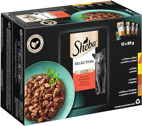 Sheba Katzennassfutter Selection in Sauce, 48 Portionsbeutel, 12x85g (4er Pack) – Katzenfutter nass, Herzhafte Komposition in Sauce für ausgewachsene Katzen von Sheba
