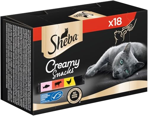 SHEBA Katzensnacks - 18x12g - 18 praktische Katzenleckerlis - in den Varietäten Huhn, Lachs und Rind - 1 Packung von Sheba