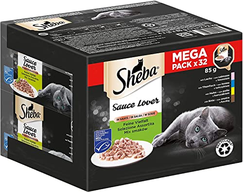 Sheba Sauce Lover - Feinstes Katzennassfutter in der Schale - Feine Vielfalt mit Lachs (MSC), Thunfisch (MSC), Huhn und Ente - 32 x 85g von Sheba