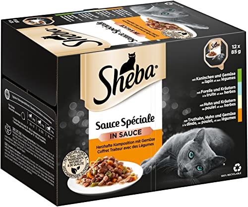 SHEBA Adult & Senior - Katzenfutter nass - 72 x 85g Schalen - Nassfutter für Katzen - Sauce Spéciale Herzhafte Komposition - Großpackung von Sheba