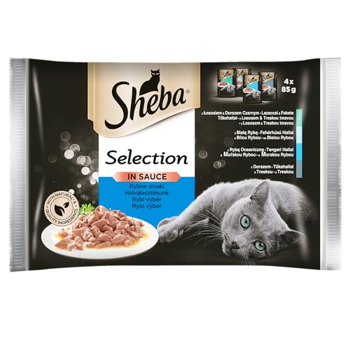 Sheba Selection in Sauce Fischgeschmack im Beutel – Nassfutter für ausgewachsene Katzen in Sauce mit Weißfisch, Lachs, Kabeljau und Thunfisch 13 x (4 x 85g) von Sheba