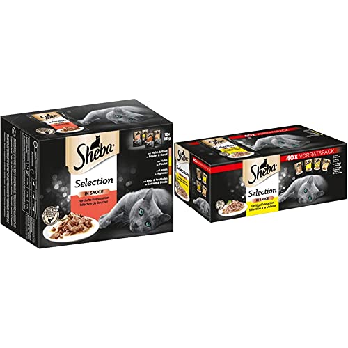 Sheba Selection in Sauce – Katzenfutter Herzhafte Komposition in Sauce für ausgewachsene Katzen – Maxi-Pack 48 x 85g Katzennahrung & Selection in Sauce, Katzenfutter im Frischepack, 40x85g von Sheba