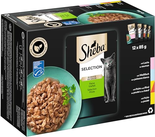 Sheba Selection in Sauce Katzennassfutter – Feine Vielfalt (MSC) – Hochwertiges Feuchtfutter in 48 Portionsbeuteln für Katzen – Katzenfutter – 4er Pack (4 x 12 Portionsbeutel à 85g) von Sheba