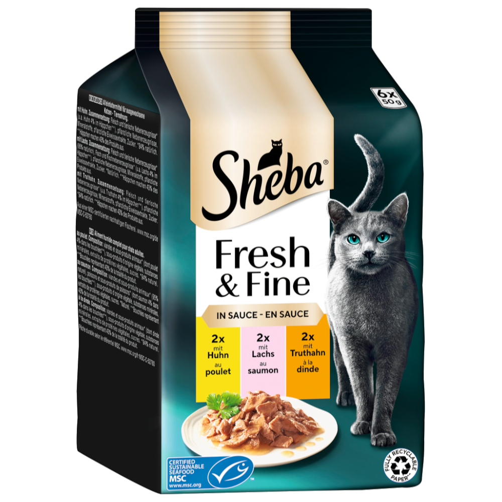 Sparpaket Sheba Fresh & Fine Frischebeutel 72 x 50 g - Huhn, Lachs & Truthahn in Sauce Sparpaket Sheba Fresh & Fine Frischebeutel 72 x 50 g - Huhn, Lachs & Truthahn in Sauce von Sheba