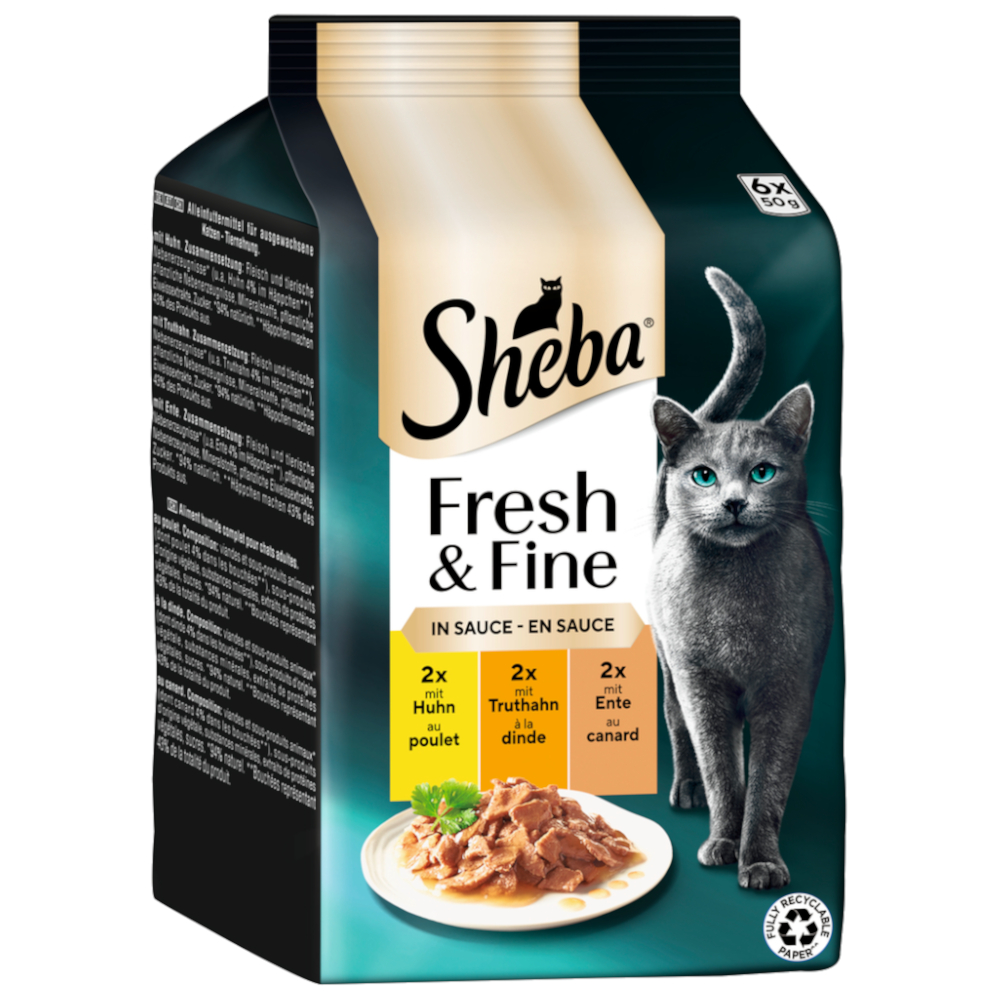 Sparpaket Sheba Fresh & Fine Frischebeutel 72 x 50 g - Huhn, Truthahn & Ente in Sauce Sparpaket Sheba Fresh & Fine Frischebeutel 72 x 50 g - Huhn, Truthahn & Ente in Sauce von Sheba