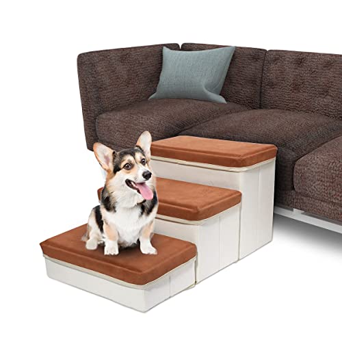 ShellKingdom 3 Stufen Hundetreppe für Bett Sofa, Haustiertreppe mit 3 Stauraum Faltbare Haustierstufe für kleine mittelgroße Hunde, Katzen, Welpen bis zu 13,6 kg (Braun) von ShellKingdom