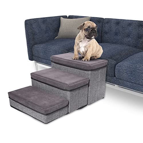 ShellKingdom 3 Stufen Hundetreppe für Bett Sofa, Haustiertreppe mit 3 Stauraum Faltbare Haustierstufe für kleine mittelgroße Hunde, Katzen, Welpen bis zu 13,6 kg (Grau) von ShellKingdom