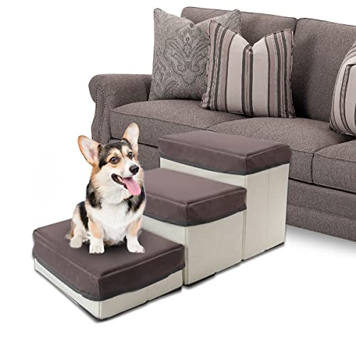 ShellKingdom Hundetreppe, 3-stufige Haustiertreppe mit 3 Stauraum, zusammenklappbare Haustiertreppe für kleine mittelgroße Hunde, ältere Hunde, Katzen, Welpen (Creme) von ShellKingdom