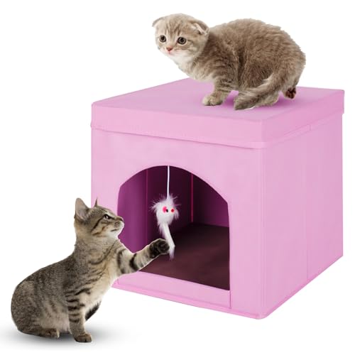 ShellKingdom Zusammenklappbares Katzenhaus, faltbarer Kitty Katzenwürfel und Katzenhöhle mit Bett, Katzenhocker Condo für Indoor-Katzen, Geschenke, 33 x 33 x 33 cm (Rosa) von ShellKingdom