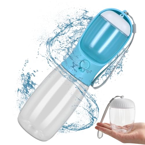 Shengxi 2-in-1 Trinkflasche für Hunde Hund Wasserflasche mit 100ml Hundefutter Becher Auslaufsicher Trinken Flasche Schüssel für Unterwegs Tragbare Wasserspender für Katzen Welpen (Blau, 550ML) von Shengxi