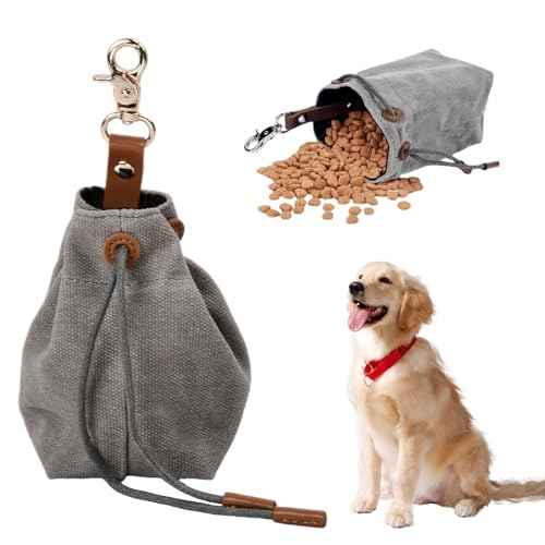 Shengxi Hundefuttertasche Tragbare, Leinwand Leckerlibeutel für Hunde mit Kordelzug, Hundefutterbeutel mit Metallhaken für Haustiertraining Spazierengehen Reisen (Grau) von Shengxi