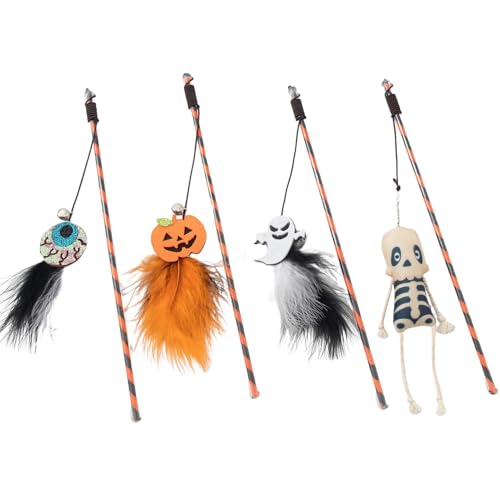 Katzenspielzeug, Federspielzeug für Katzen, 4 Stück, Halloween-Katzenfederstäbchen, -Geist, Totenkopf, Augapfel-Kätzchen-Spielzeug, hängendes interaktives Katzenspielzeug für von Shenrongtong