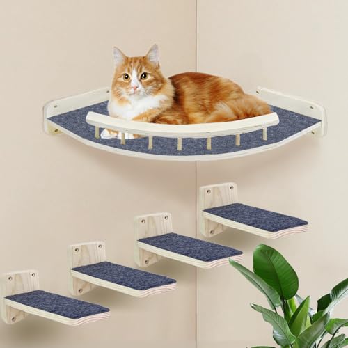 Shiawase Kletterwand für Katzen, Katzentreppe Wand und Eckbett mit Rutschfester Matte, 5-Teiliges Holz Katzenmöbel Set, Inkl. Befestigungsschrauben, bis 15 KG Kratzbäum (Hell) von Shiawase