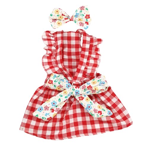 Shienfir Elastische Taille Haustierbekleidung 1 Set Haustierkleid Schleife Dekor Rüschenärmel Hund Plaid Kleid Sommer Katzenkleid mit Kopfschmuck Heimtierbedarf Rot M von Shienfir