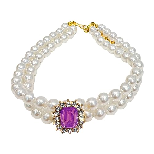 Shienfir Exquisite Haustier-Halskette, doppellagige Haustier-Halskette mit Schnappverschluss, funkelndes Strass-Fake-Perlenhalsband für Hunde und Katzen, exquisiter Haustier-Schmuck Violett L von Shienfir