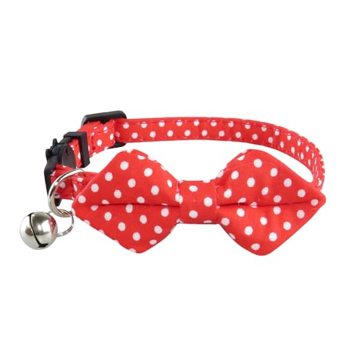 Shienfir Hochwertiges Bowtie-Haustierhalsband für Katzen mit Kupferglocke, einfarbig, gepunktet, verstellbare Schnalle für Kätzchen und Welpen, rostfrei Rot von Shienfir