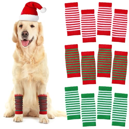 Shihanee 12 Stück Weihnachts-Hunde-Beinwärmer, gestrickt, Winter-Hundebeine, Socken, Haustier-Hundeschutz, klassisch, gestreift, Ellenbogen-Schutz, Gelenk-Ellenbogen-Stützen für große Hunde, von Shihanee