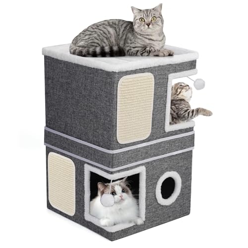 Faltbares Katzenhaus, Katzenbett für Indoor Katzen, 3 Schicht Katzen Würfel Katzenbett Höhle für kleine und mittlere Haustiere Innenruhe, Große Katzenhöhle mit Kratzbrett und Spielball, 40*40*63 cm von Shikha